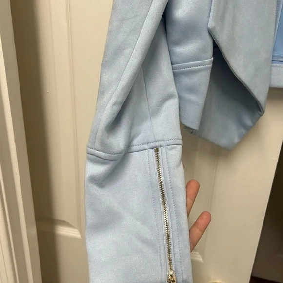 NWT White House Black Market Faux Suede Drape Front Jacket Baby Blue Size M